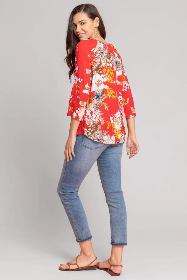 Red Bold Floral Print Button Top Women Roman Tops