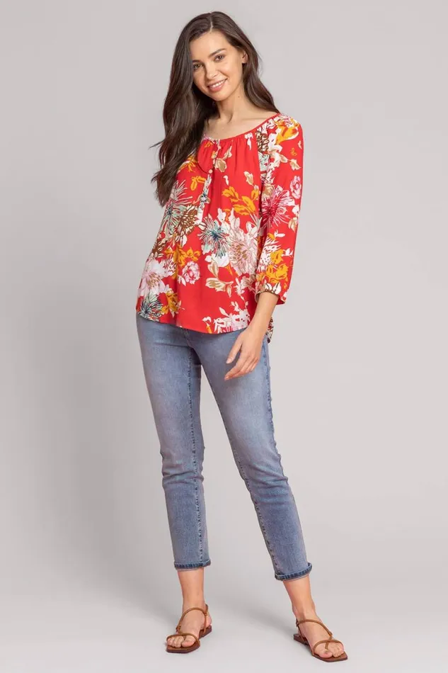 Red Bold Floral Print Button Top Women Roman Tops