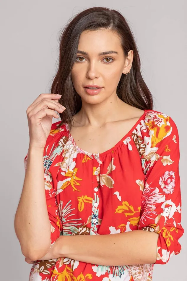 Red Bold Floral Print Button Top Women Roman Tops