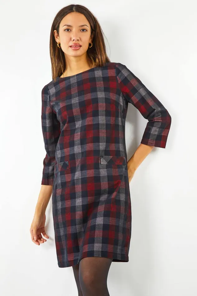 Red Check Print Pocket Detail Shift Dress Women Roman Dresses
