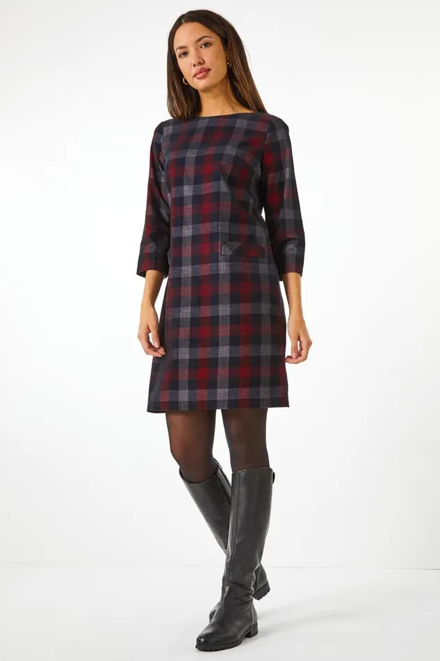 Red Check Print Pocket Detail Shift Dress Women Roman Dresses