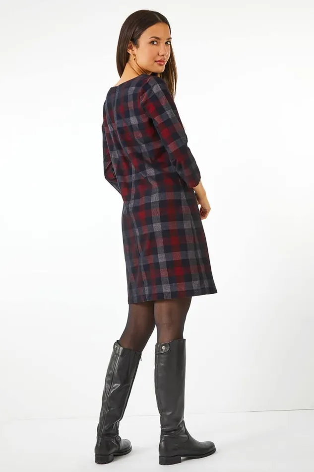 Red Check Print Pocket Detail Shift Dress Women Roman Dresses