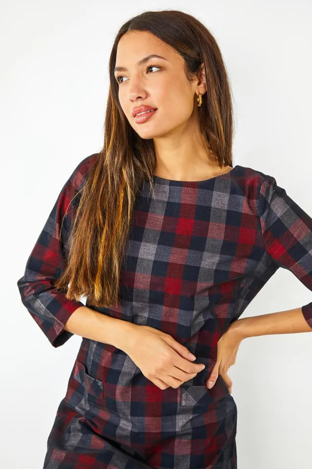 Red Check Print Pocket Detail Shift Dress Women Roman Dresses