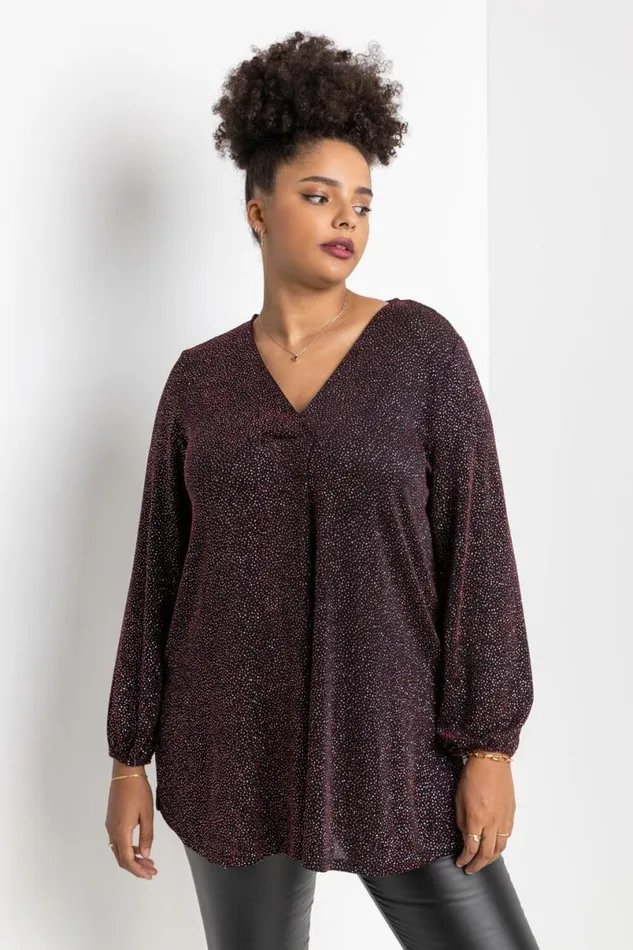 Red Curve Pleat Front Shimmer Tunic Top Women Roman Tops