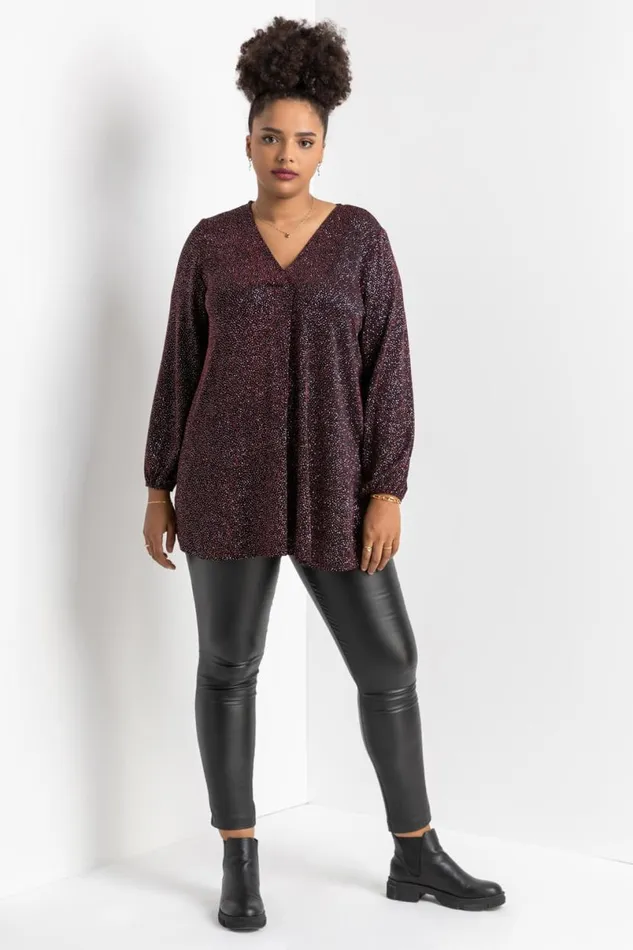 Red Curve Pleat Front Shimmer Tunic Top Women Roman Tops