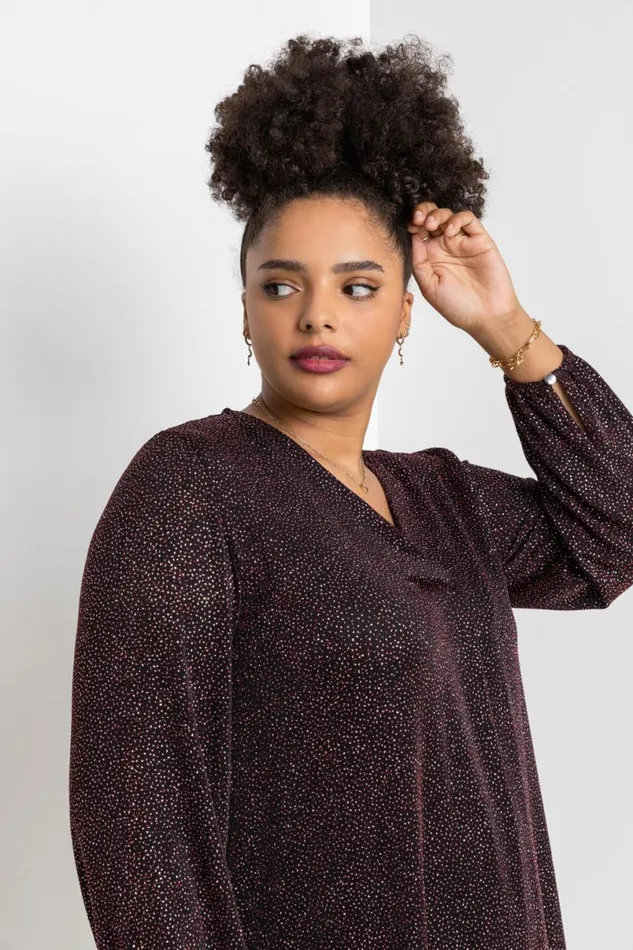 Red Curve Pleat Front Shimmer Tunic Top Women Roman Tops