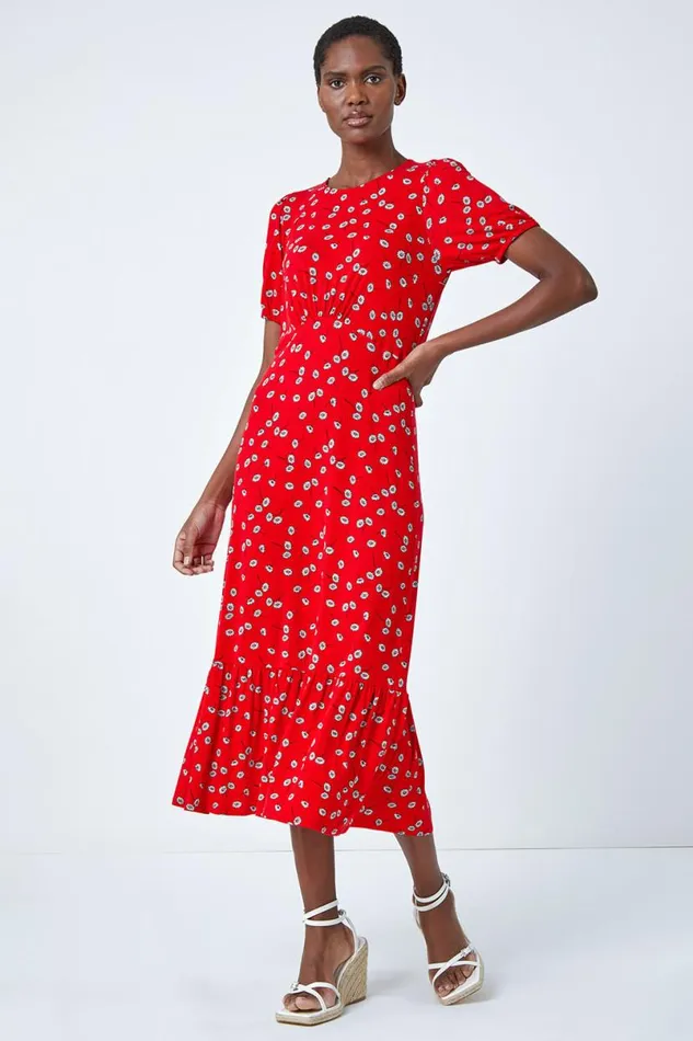 Red Ditsy Floral Print Midi Dress Women Roman Dresses