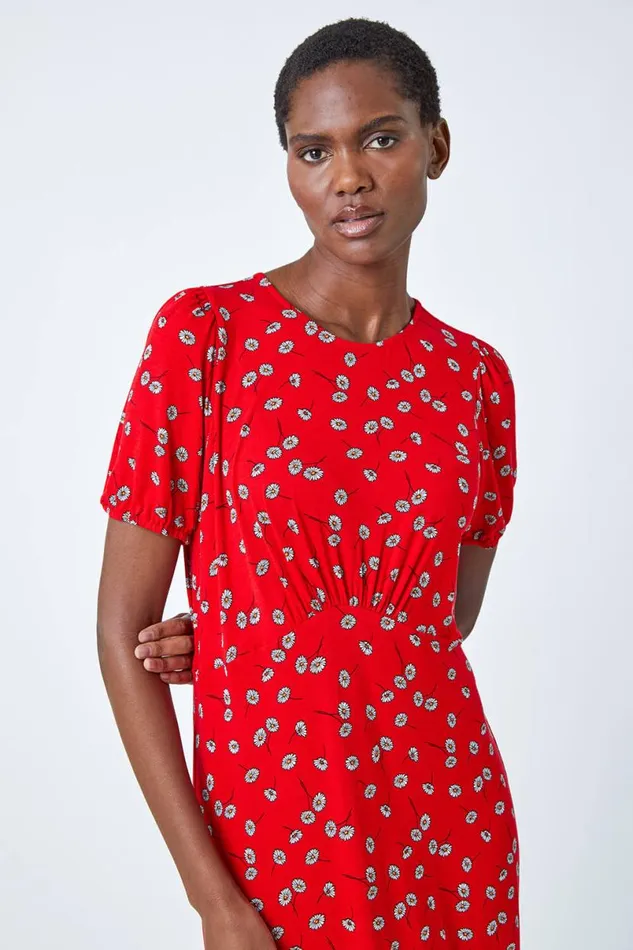Red Ditsy Floral Print Midi Dress Women Roman Dresses
