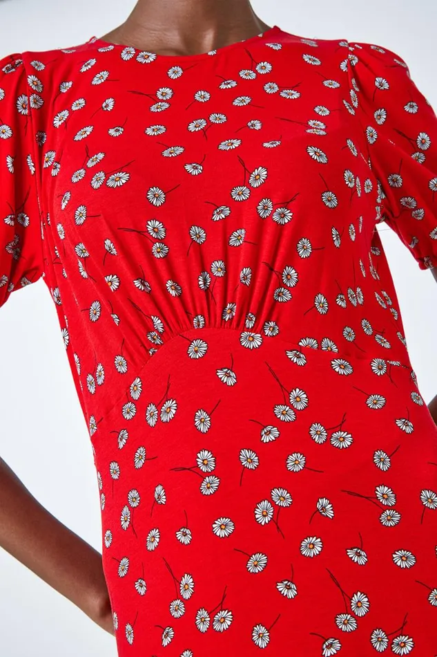 Red Ditsy Floral Print Midi Dress Women Roman Dresses