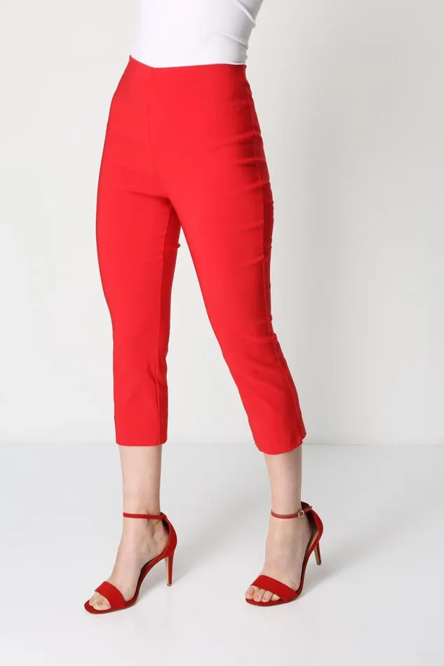 Red Elastic Waist Stretch Cropped Trousers Women Roman Coords