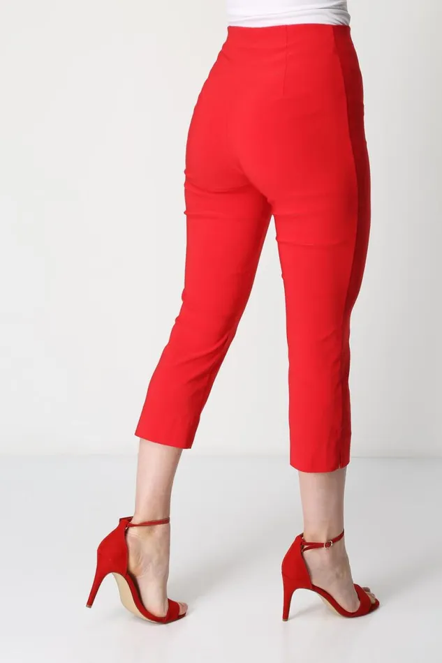 Red Elastic Waist Stretch Cropped Trousers Women Roman Coords