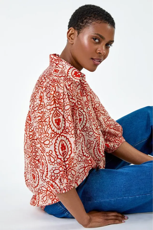 Red Floral Paisley Balloon Sleeve Shirt Women Roman Tops