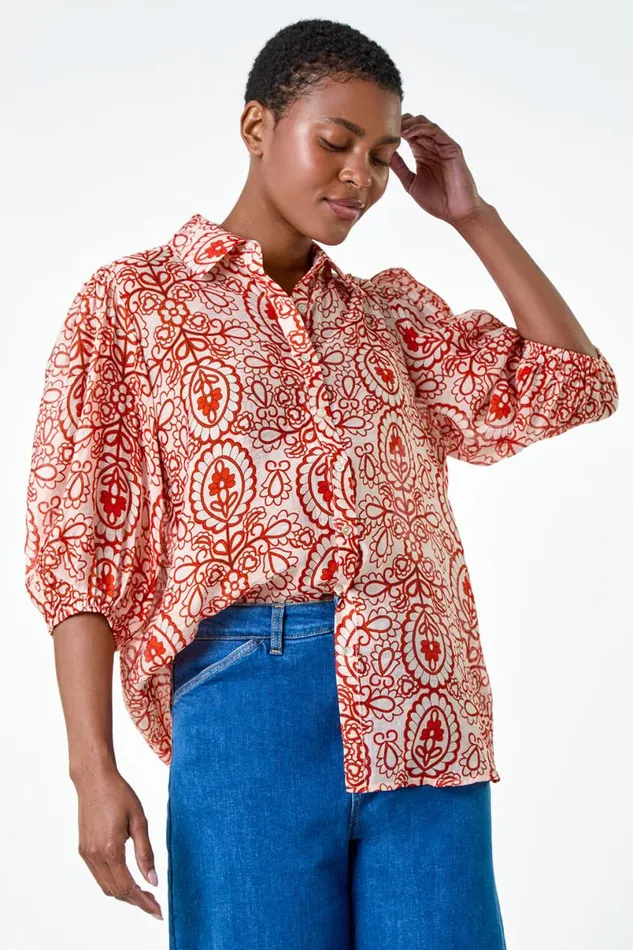 Red Floral Paisley Balloon Sleeve Shirt Women Roman Tops
