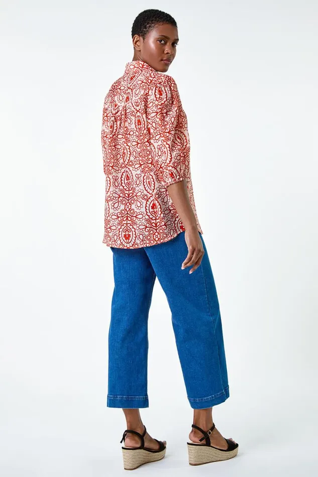 Red Floral Paisley Balloon Sleeve Shirt Women Roman Tops