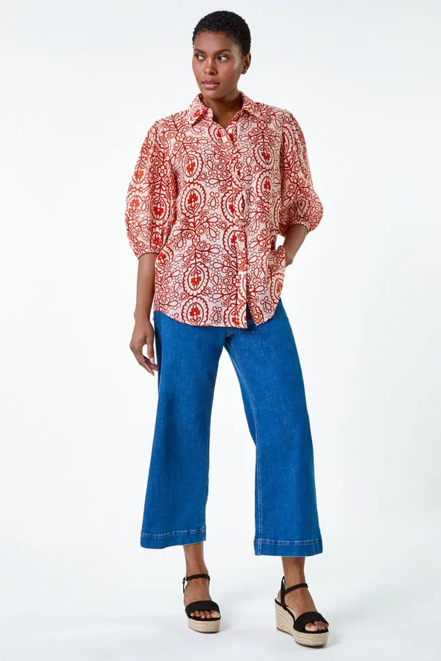 Red Floral Paisley Balloon Sleeve Shirt Women Roman Tops