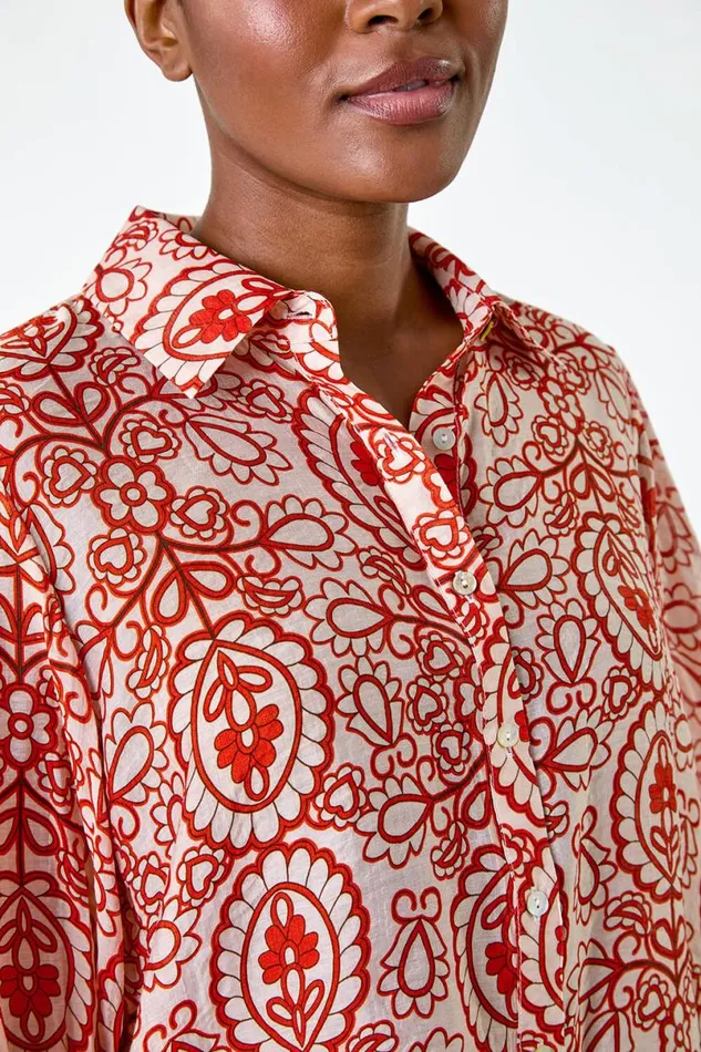 Red Floral Paisley Balloon Sleeve Shirt Women Roman Tops