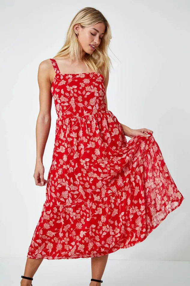 Red Floral Print Tiered Maxi Dress Women Roman Dresses