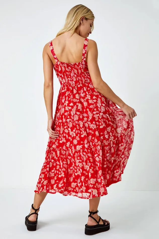 Red Floral Print Tiered Maxi Dress Women Roman Dresses