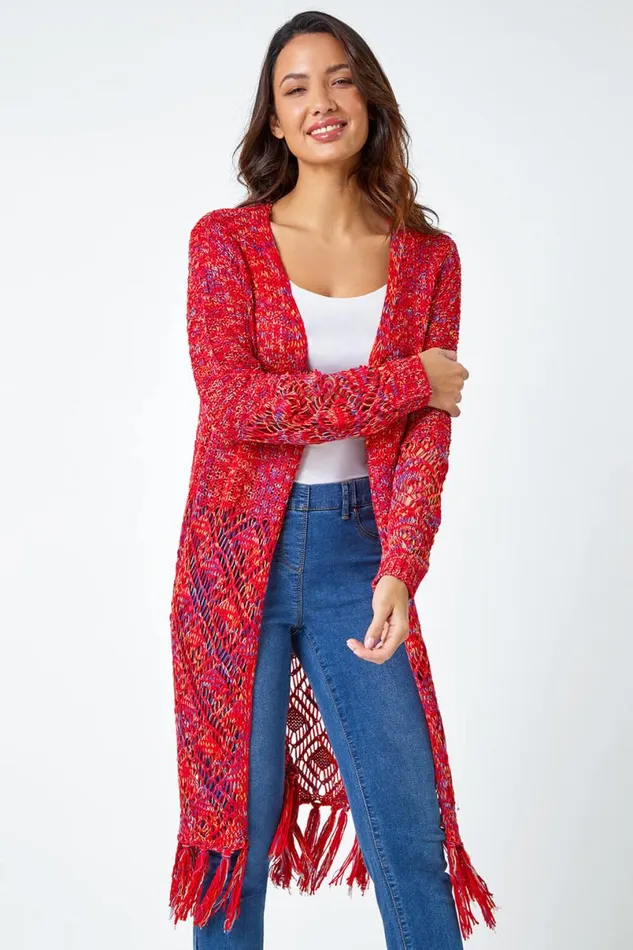 Red Fringed Hem Mixed Yarn Longline Cardigan Women Roman Knitwear