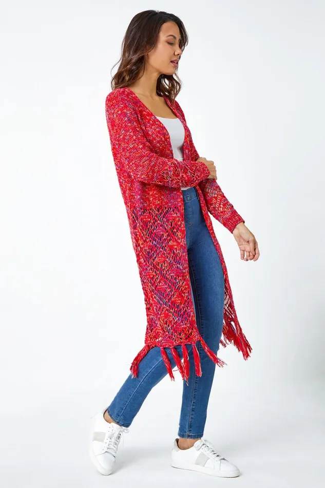 Red Fringed Hem Mixed Yarn Longline Cardigan Women Roman Knitwear