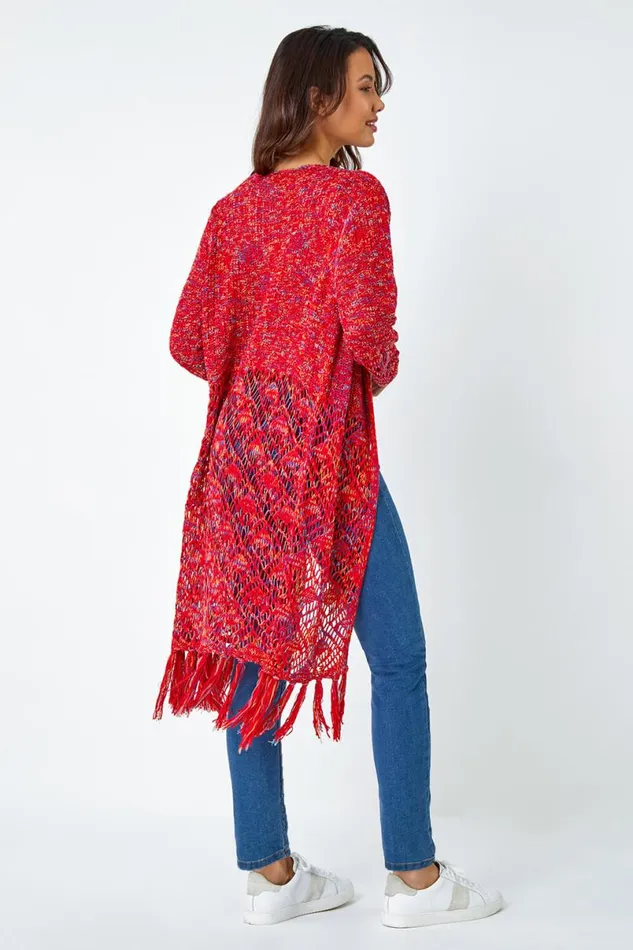 Red Fringed Hem Mixed Yarn Longline Cardigan Women Roman Knitwear