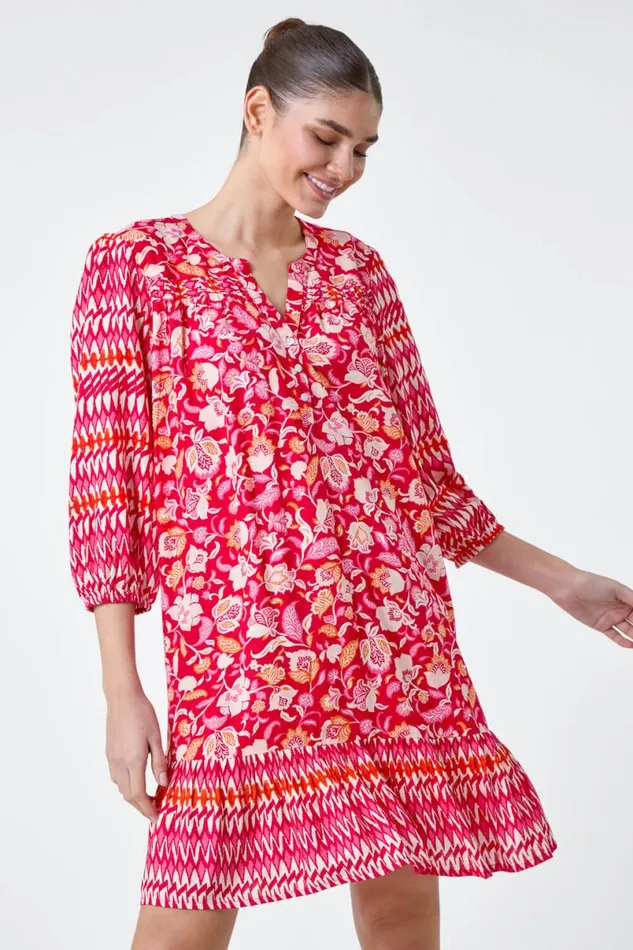 Red Paisley Border Print Smock Dress Women Roman Dresses