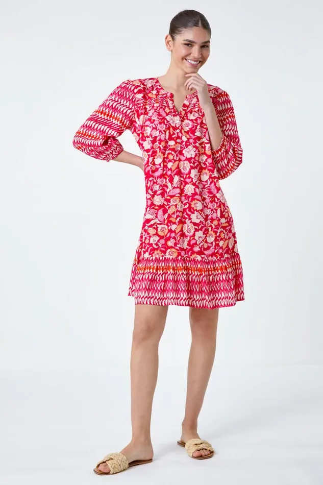 Red Paisley Border Print Smock Dress Women Roman Dresses