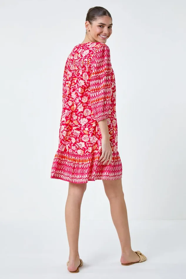 Red Paisley Border Print Smock Dress Women Roman Dresses