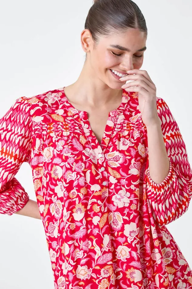 Red Paisley Border Print Smock Dress Women Roman Dresses