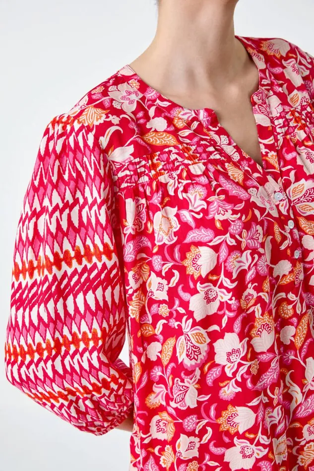 Red Paisley Border Print Smock Dress Women Roman Dresses