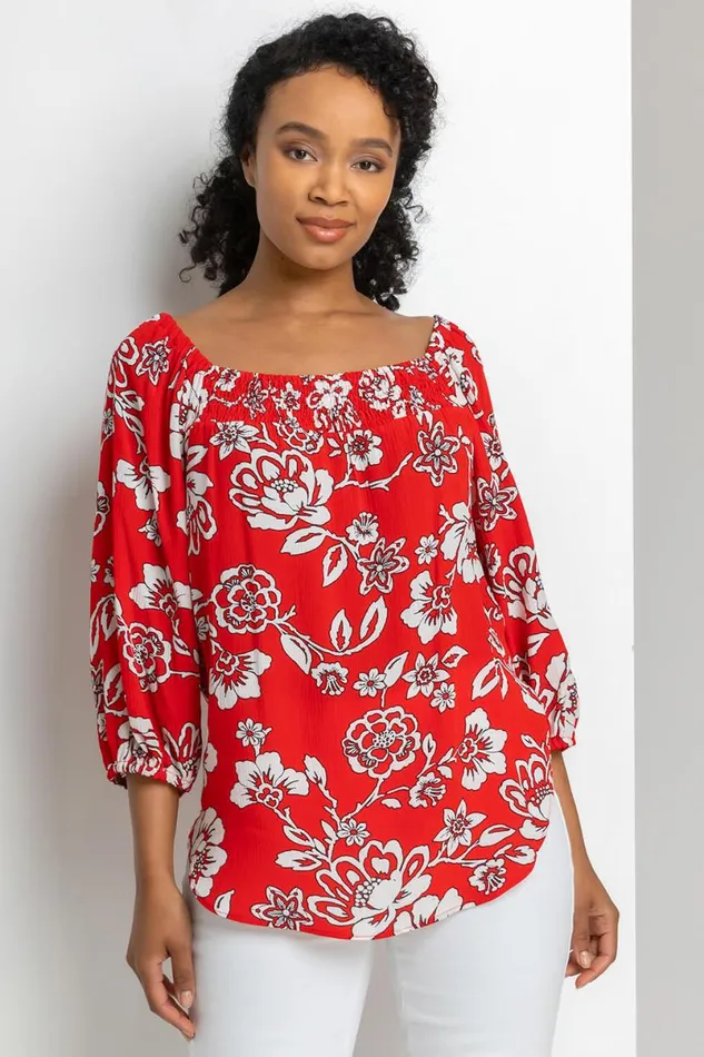 Red Petite Floral Print Bardot Top Women Roman Tops