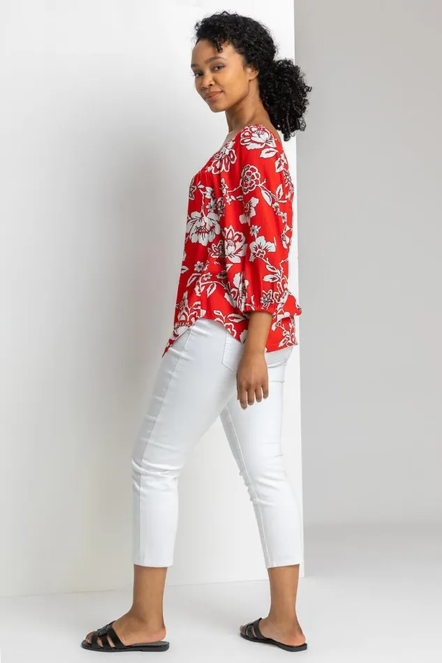 Red Petite Floral Print Bardot Top Women Roman Tops