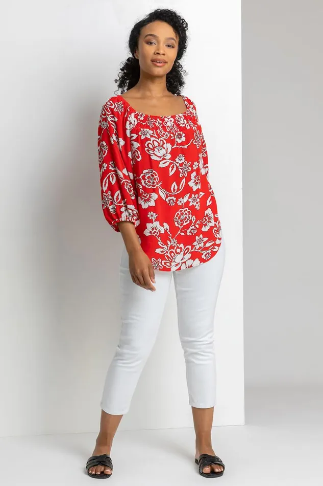 Red Petite Floral Print Bardot Top Women Roman Tops