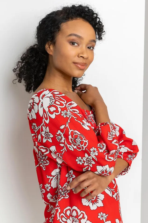 Red Petite Floral Print Bardot Top Women Roman Tops