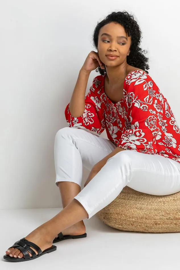 Red Petite Floral Print Bardot Top Women Roman Tops