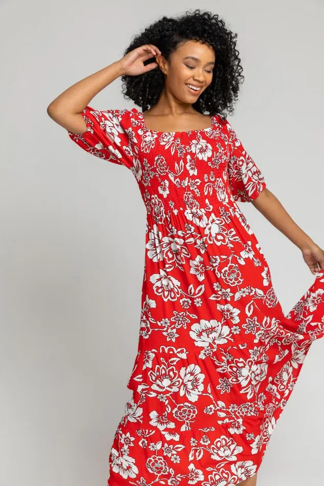 Red Petite Floral Print Shirred Bodice Maxi Dress Women Roman Dresses