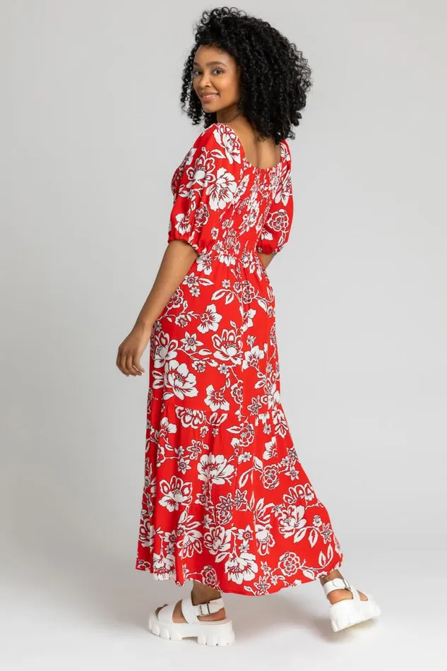 Red Petite Floral Print Shirred Bodice Maxi Dress Women Roman Dresses
