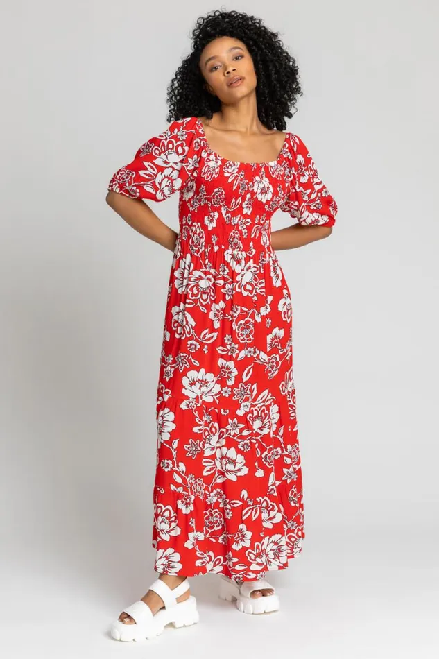 Red Petite Floral Print Shirred Bodice Maxi Dress Women Roman Dresses