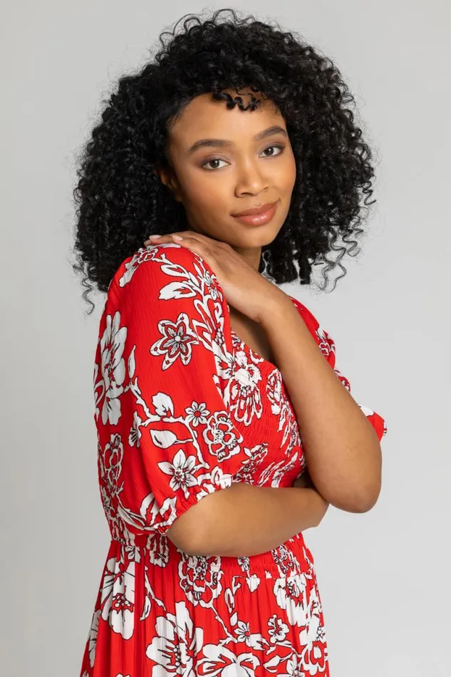 Red Petite Floral Print Shirred Bodice Maxi Dress Women Roman Dresses