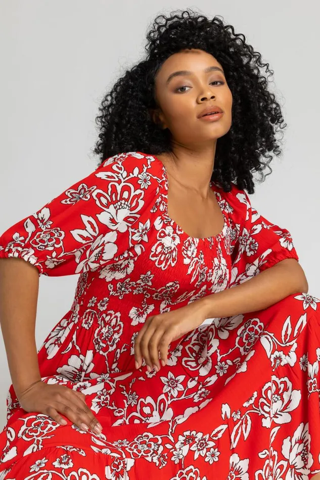 Red Petite Floral Print Shirred Bodice Maxi Dress Women Roman Dresses