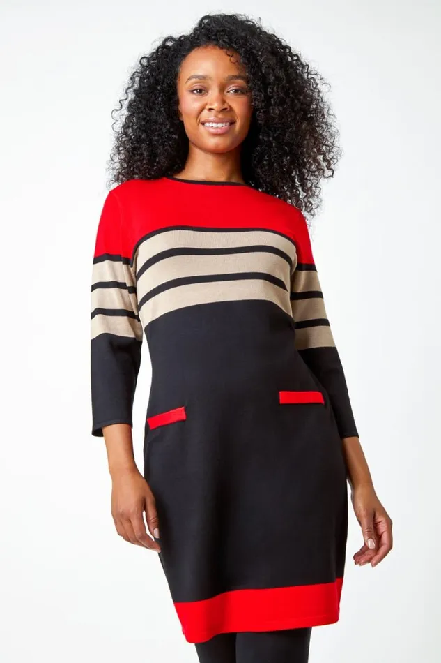 Red Petite Stripe Print Pocket Jumper Dress Women Roman Dresses