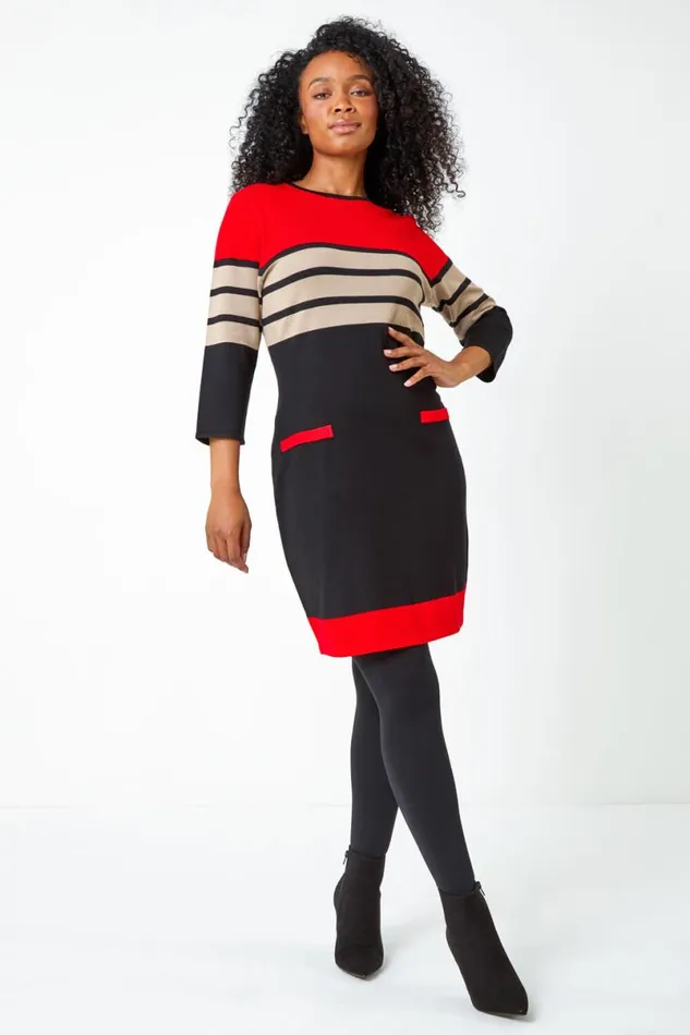 Red Petite Stripe Print Pocket Jumper Dress Women Roman Dresses