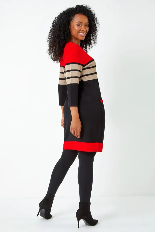 Red Petite Stripe Print Pocket Jumper Dress Women Roman Dresses