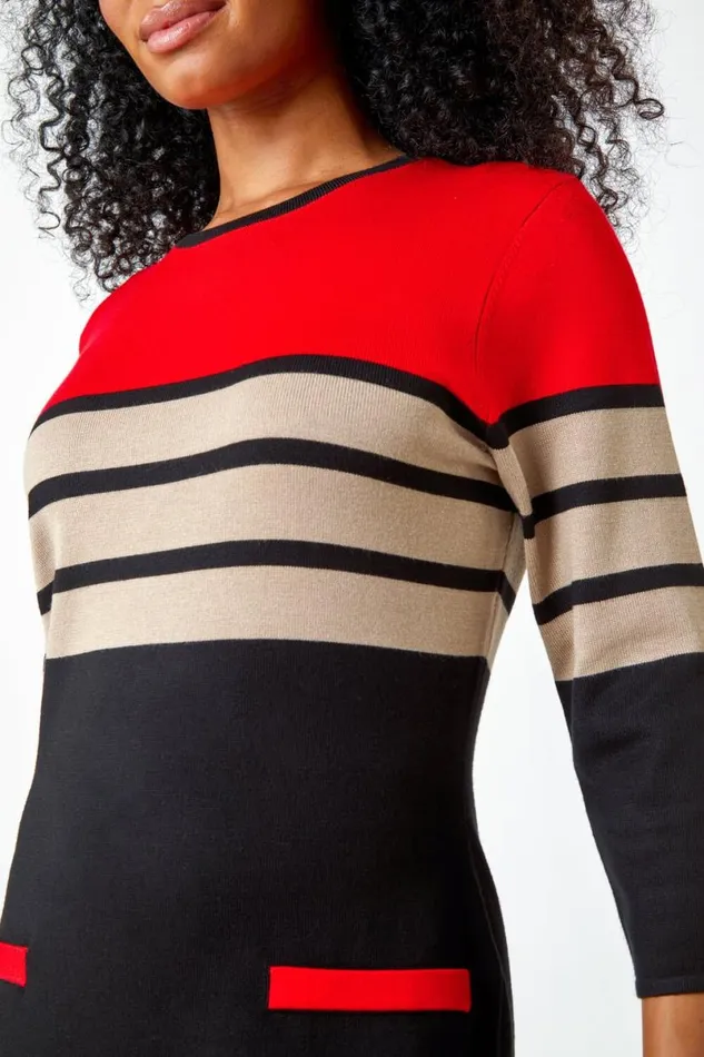 Red Petite Stripe Print Pocket Jumper Dress Women Roman Dresses