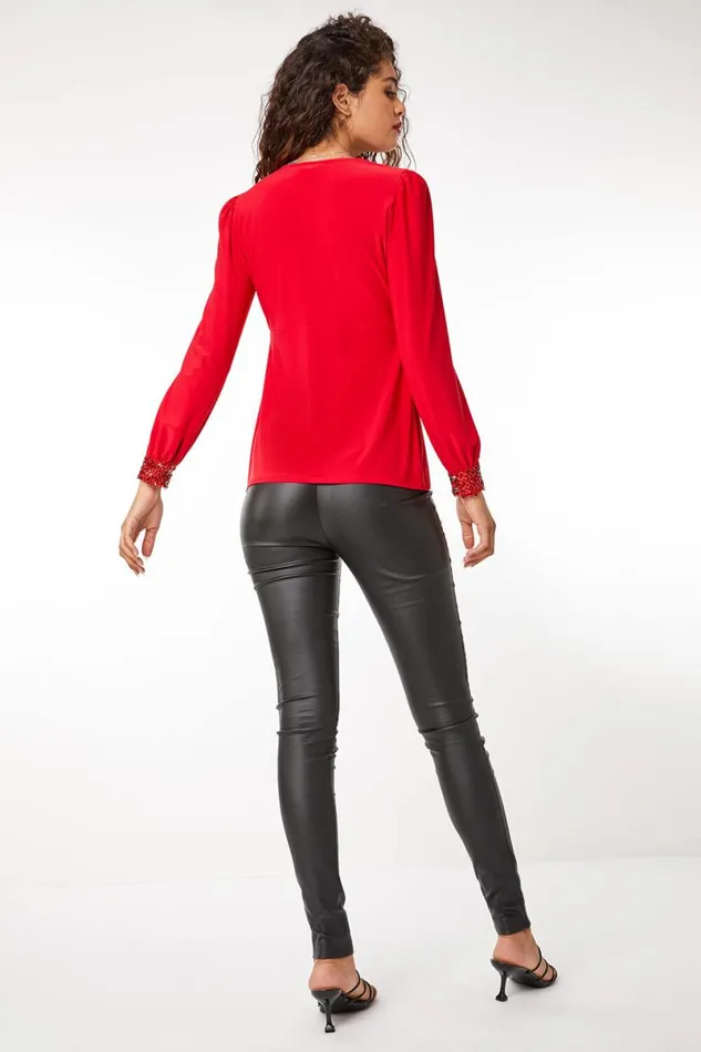 Red Sequin Trim VNeck Stretch Top Women Roman Tops