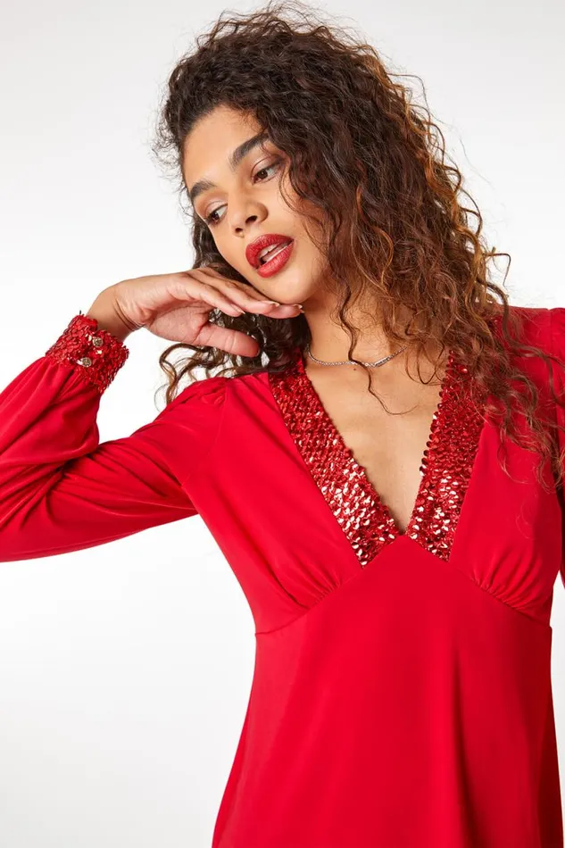 Red Sequin Trim VNeck Stretch Top Women Roman Tops