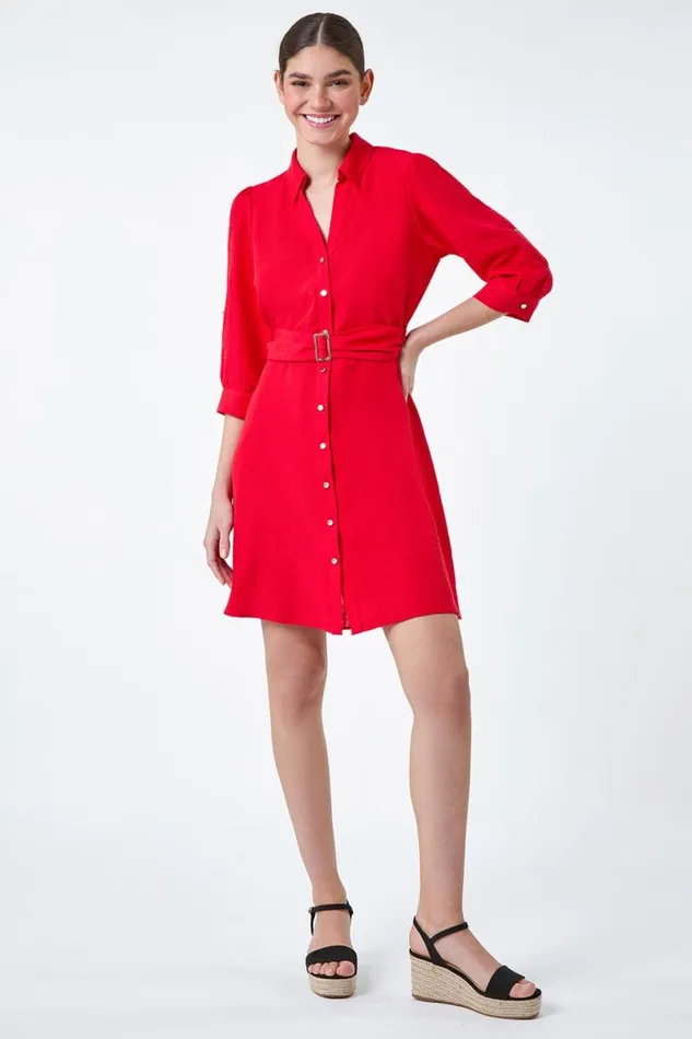 Red Short Belted Shirt Dress Women Roman Dresses