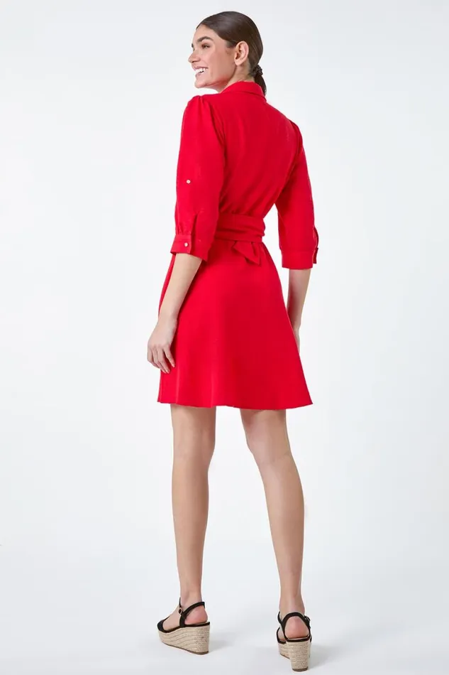 Red Short Belted Shirt Dress Women Roman Dresses