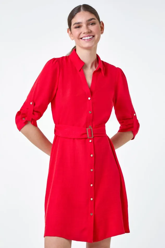Red Short Belted Shirt Dress Women Roman Dresses