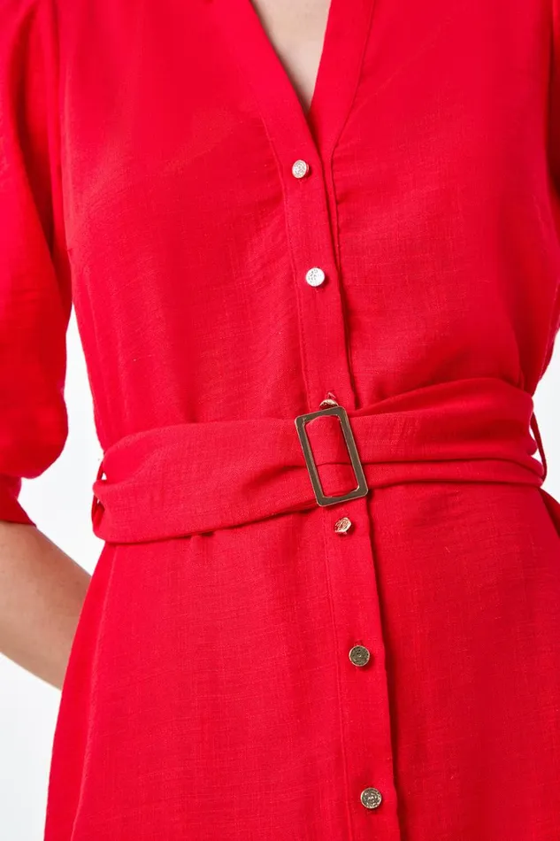 Red Short Belted Shirt Dress Women Roman Dresses